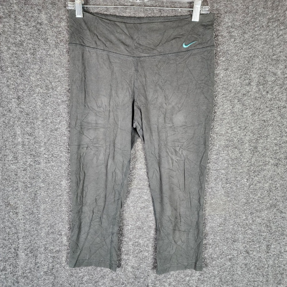 Nike Capri Pants Womens M Dri-FIT Gray Teal Swoosh Athletic Leggings EUC
